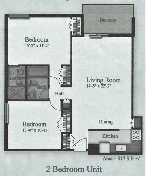 Floor plan for 2 beds, 1 bath, 917 sqft